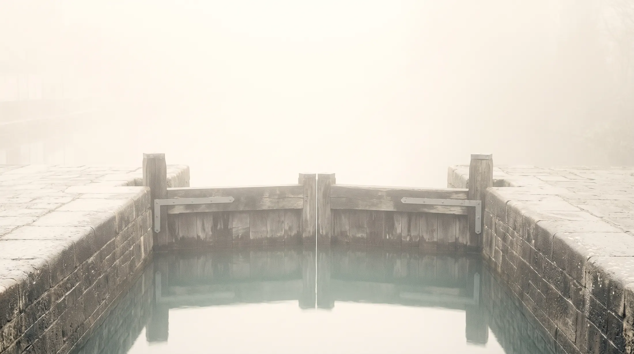 A canal lock in fog, the gates closed and the water held still.