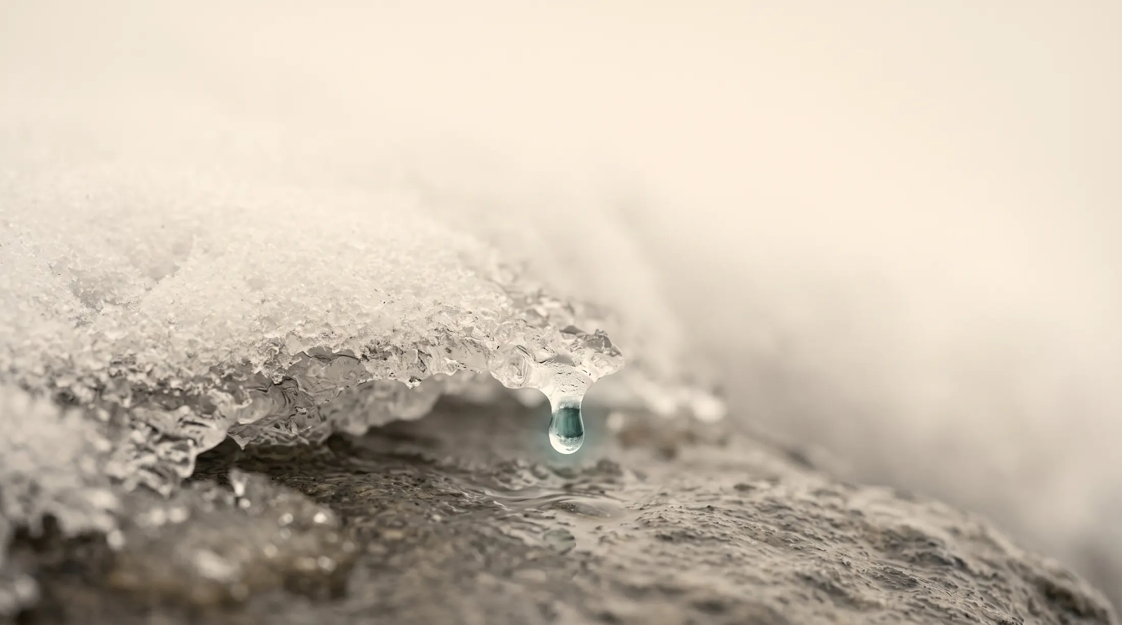 A single drop of water hanging in pale fog, about to fall.