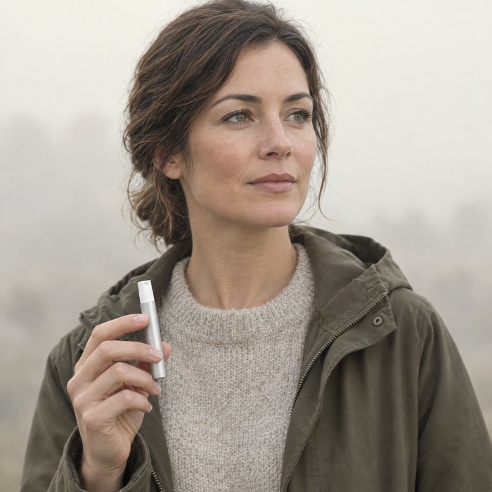 A woman holding the oral spray in fog, waiting before she swallows.
