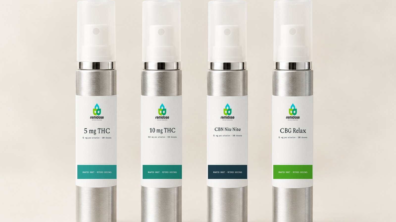 The Remidose oral spray in four labels, standing together on a cream ground.