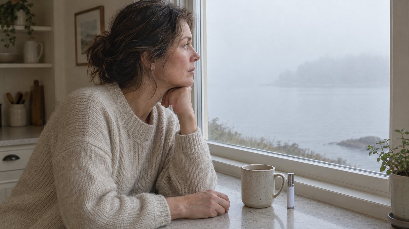 A woman at a kitchen window at first light, the oral spray on the counter.
