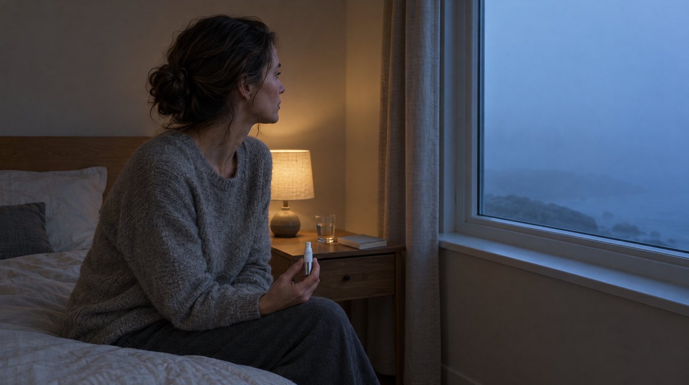 A woman sitting on the edge of a bed at night, the oral spray in her hand.