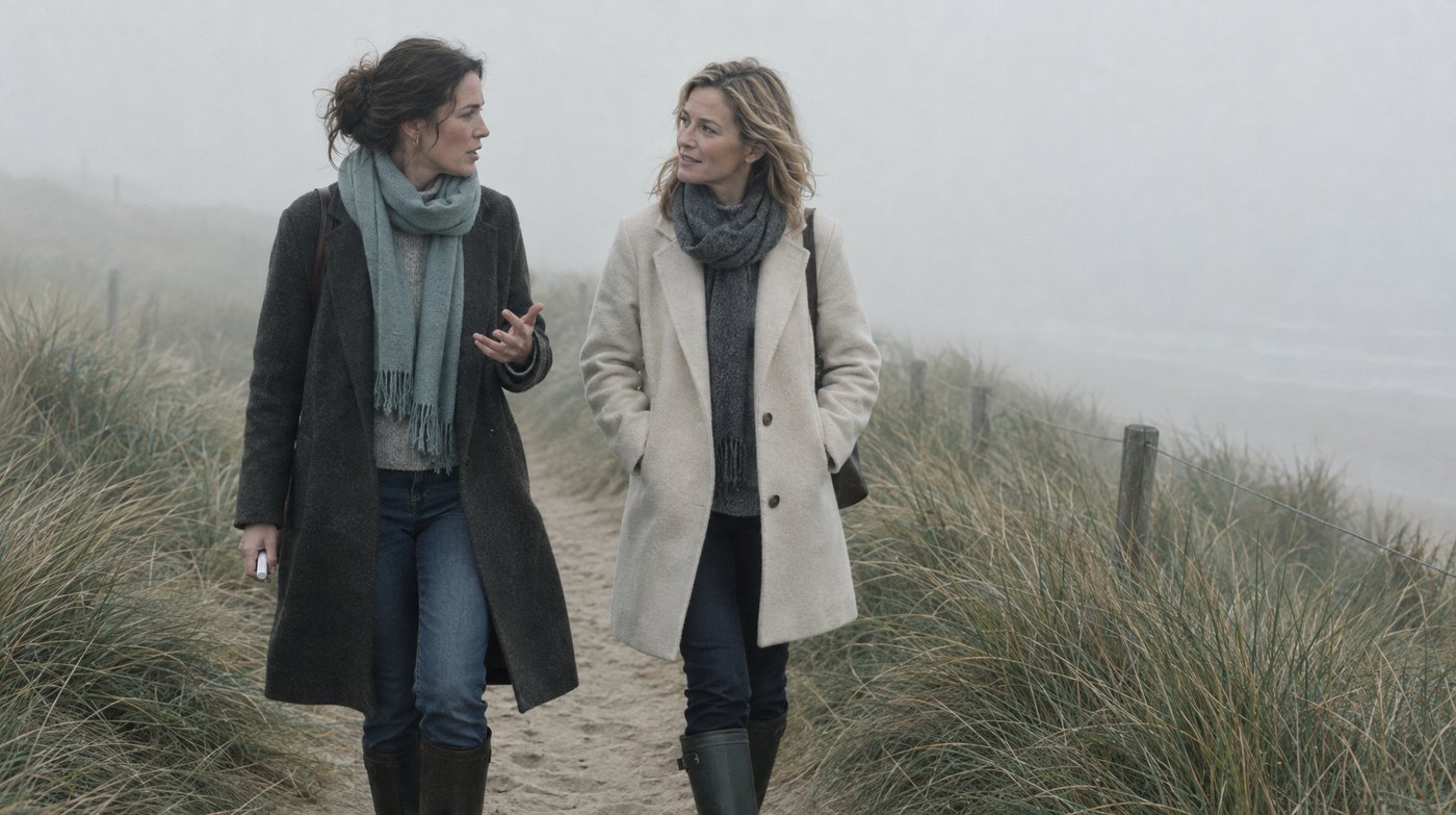 Two women walking a dune path in fog.